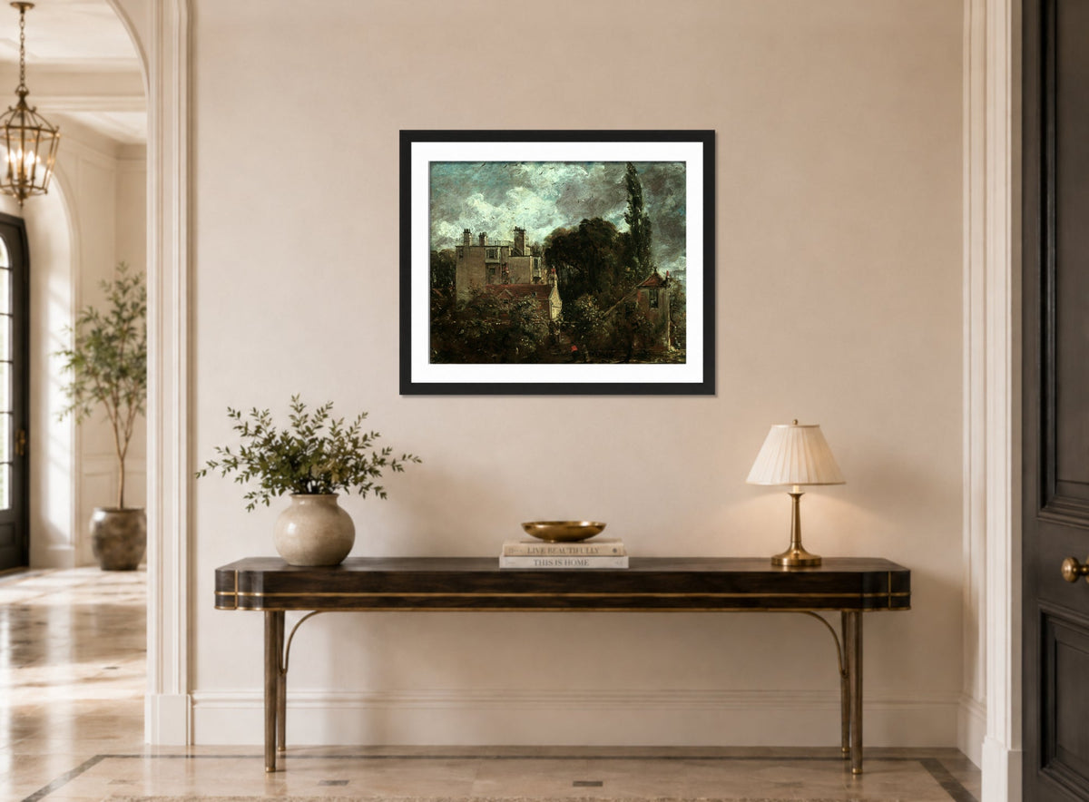 John Constable Print, The Grove, or the Admiral’s House in Hampstead (between 1821 and 1822) displayed above a console table