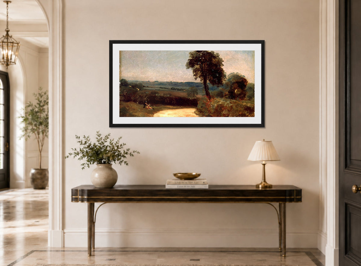 John Constable Print, The Lane from East Bergholt to Flatford (1812) displayed above a console table