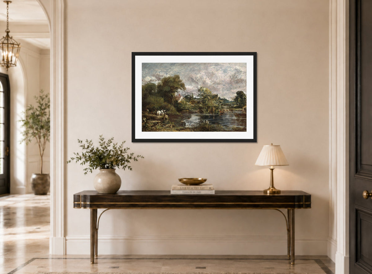 John Constable Print, The White Horse (1818-1819) displayed above a console table