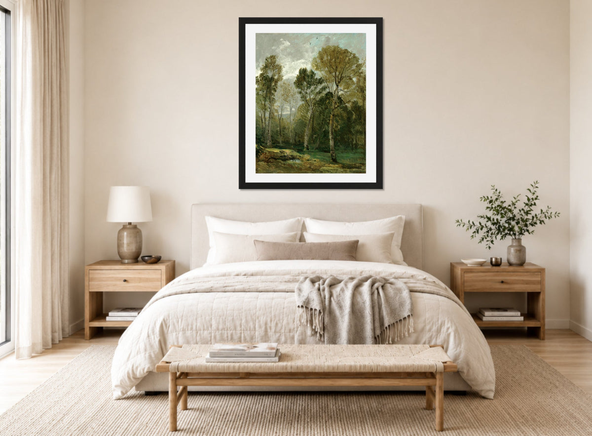 John Constable Print, View Of A Copse displayed above a bed