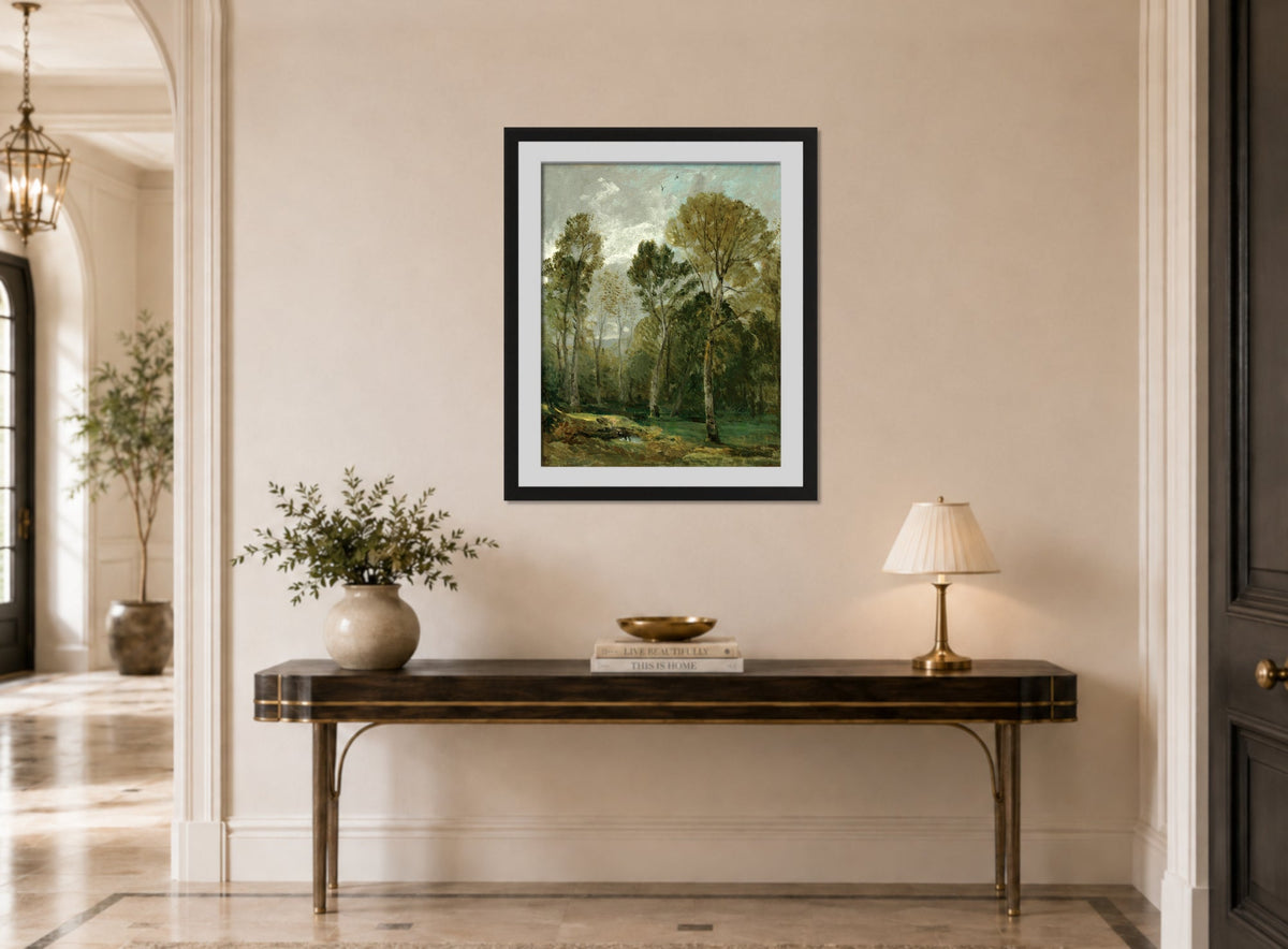 John Constable Print, View Of A Copse displayed above a console table
