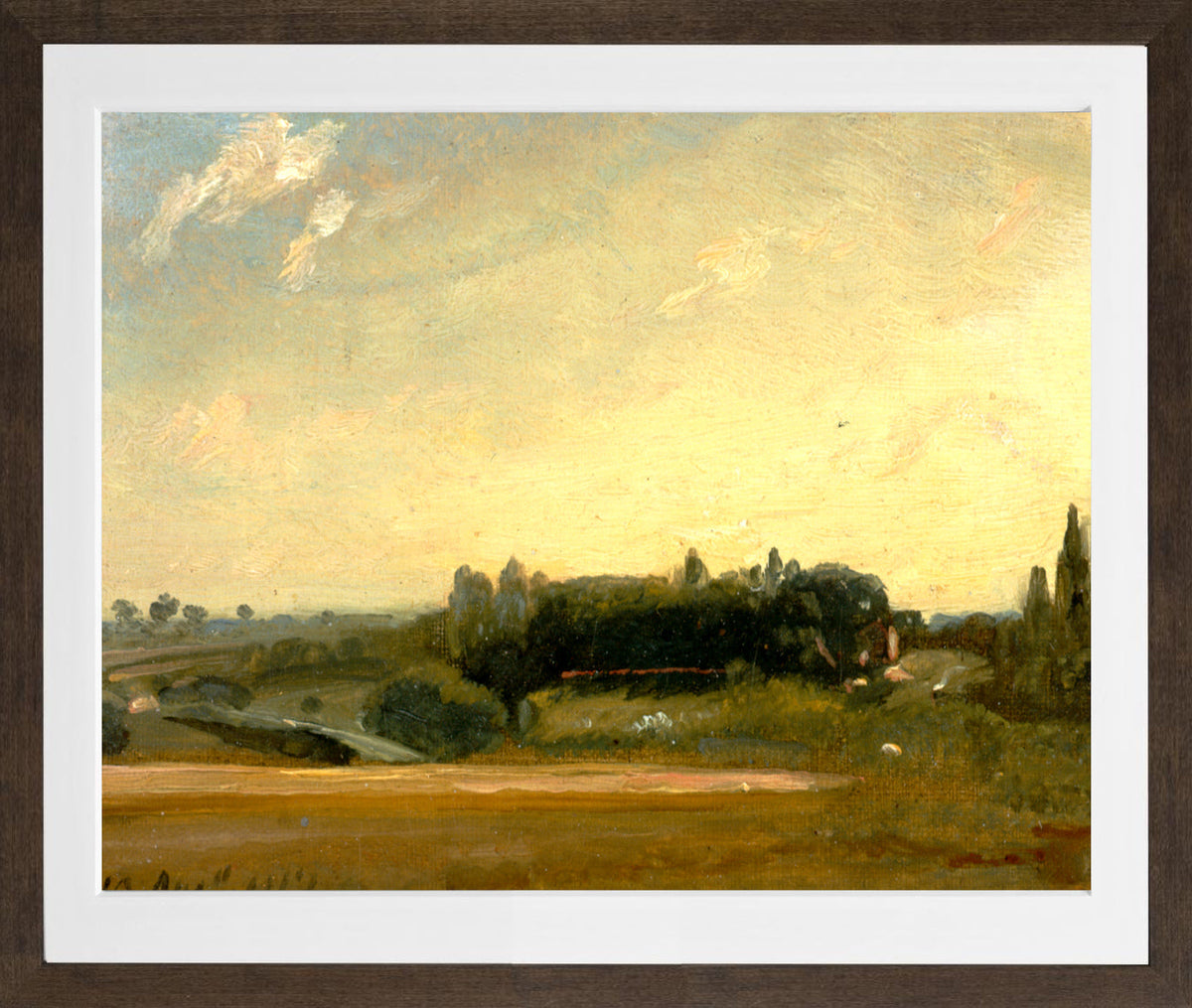 John Constable Print, View Towards the Rectory, East Bergholt (1813) in a brown frame