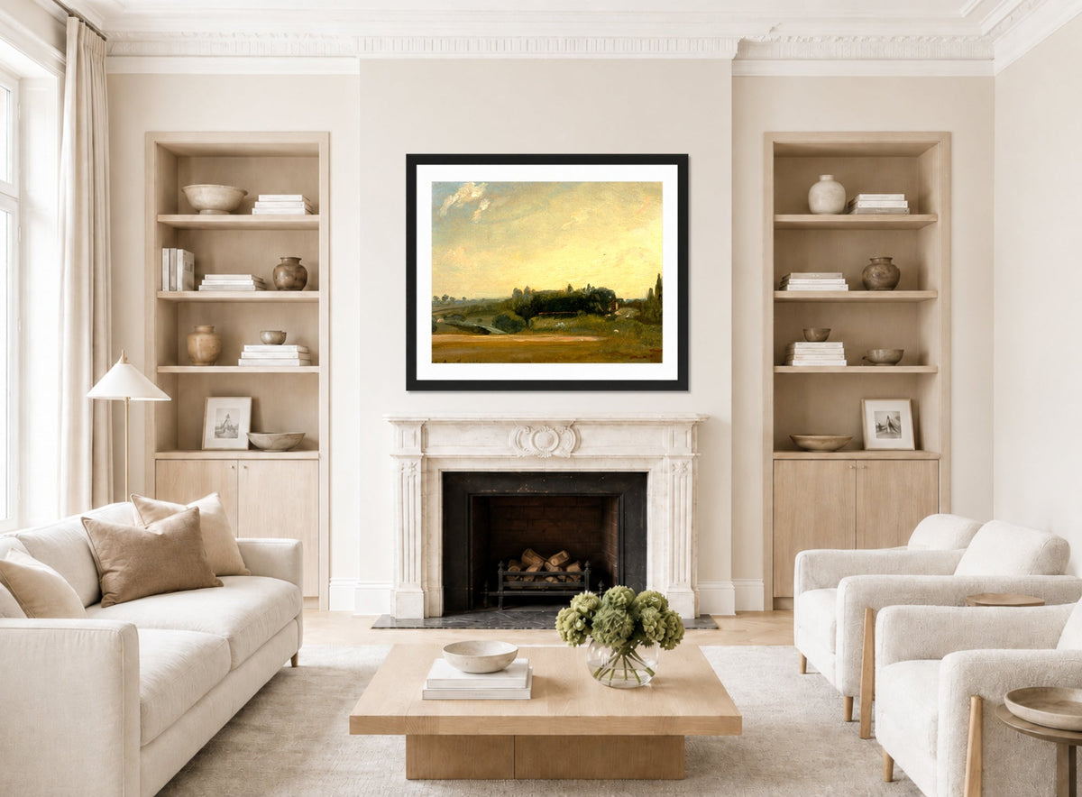 John Constable Print, View Towards the Rectory, East Bergholt (1813) displayed in a Scandinavian living room
