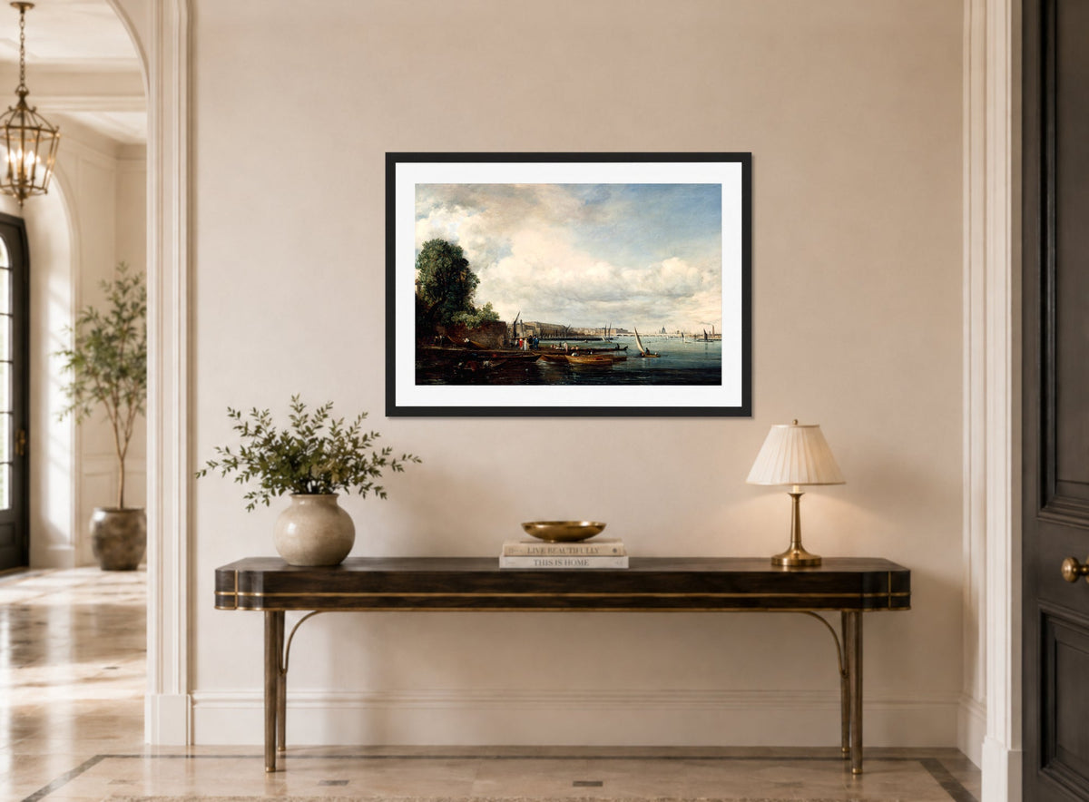 John Constable Print, Waterloo Bridge (circa 1820) displayed above a console table