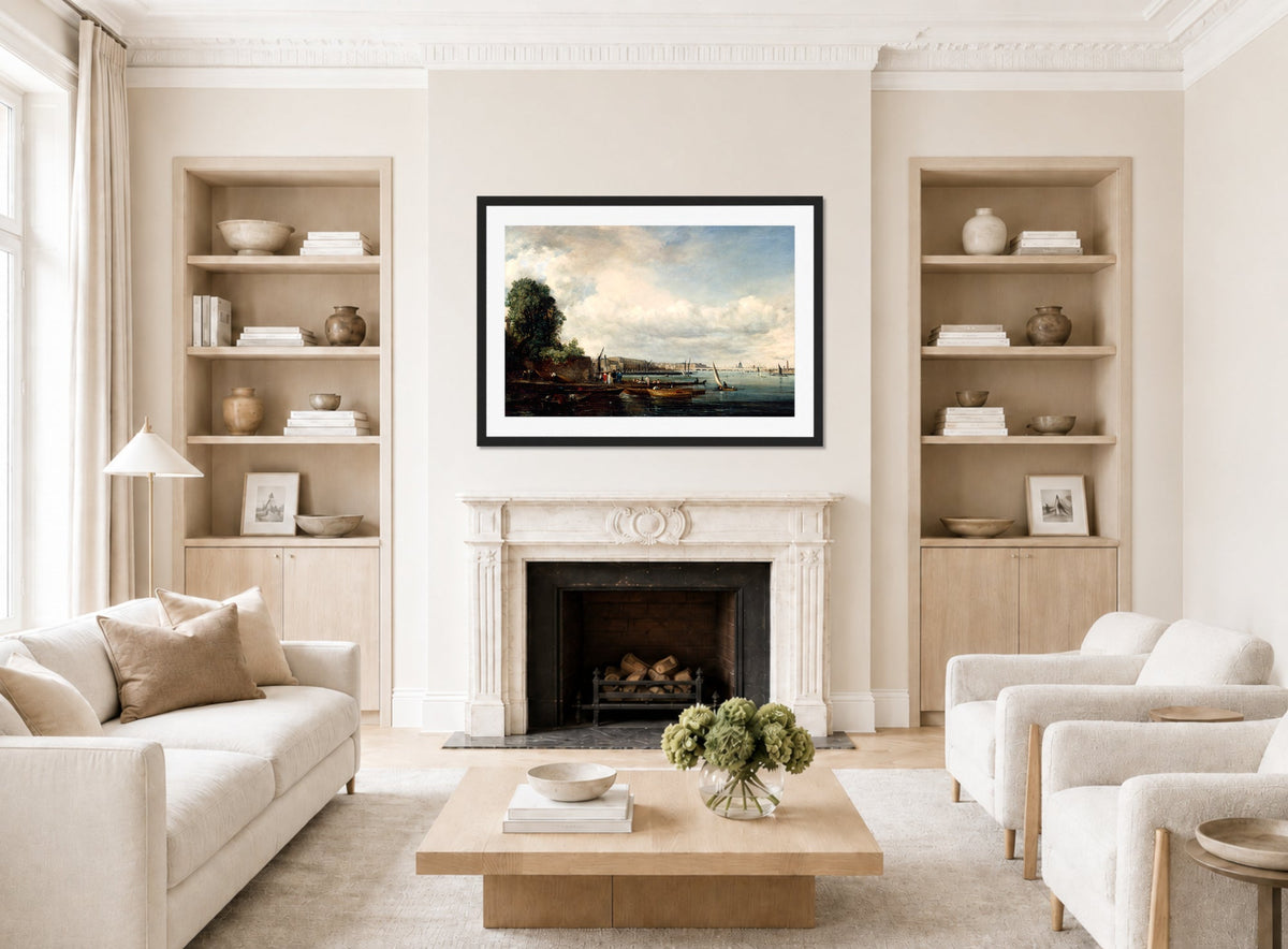 John Constable Print, Waterloo Bridge (circa 1820) displayed in a Scandinavian living room