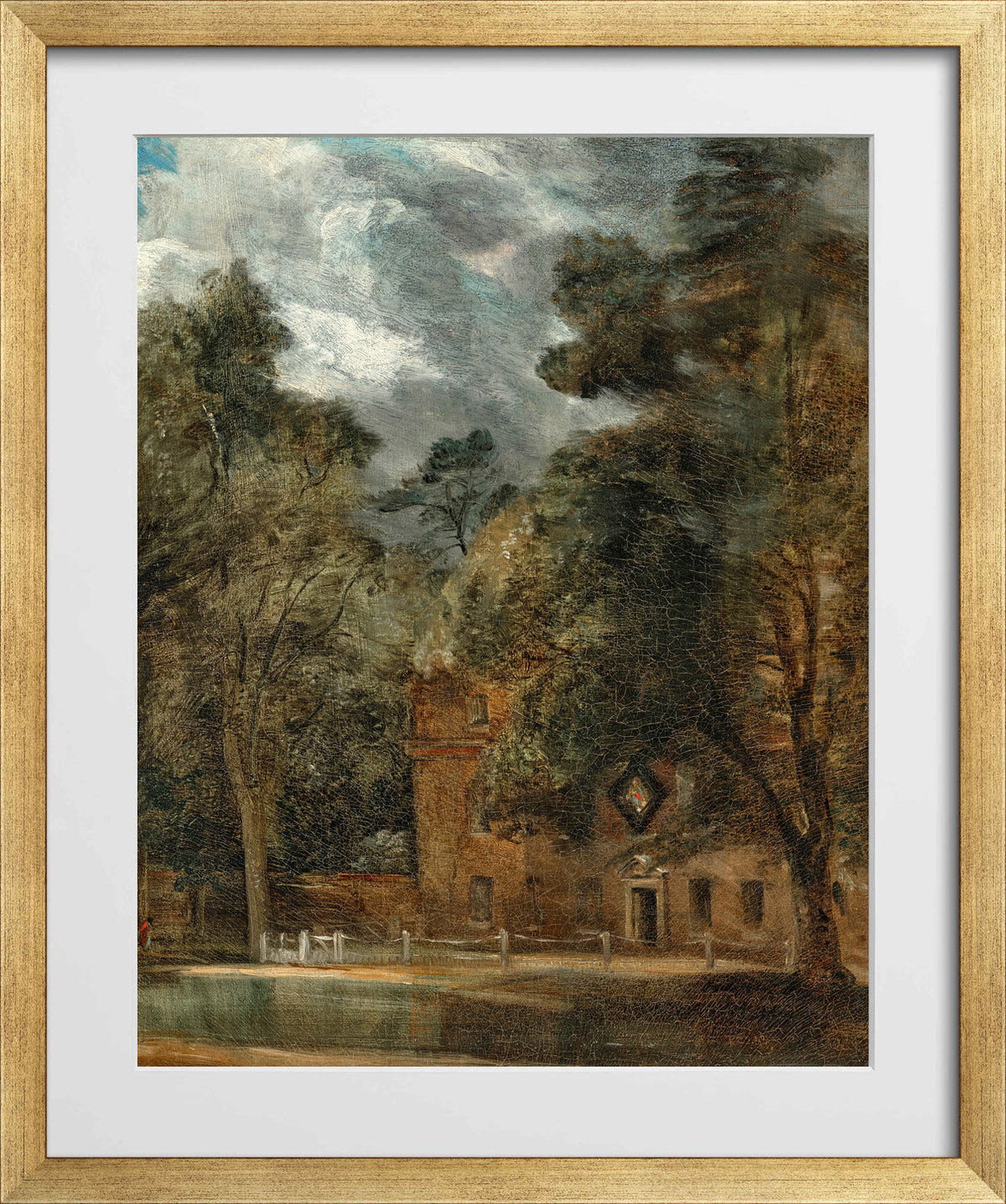 John Constable Print, West Lodge, East Bergholt, with a hatchment in a gold frame