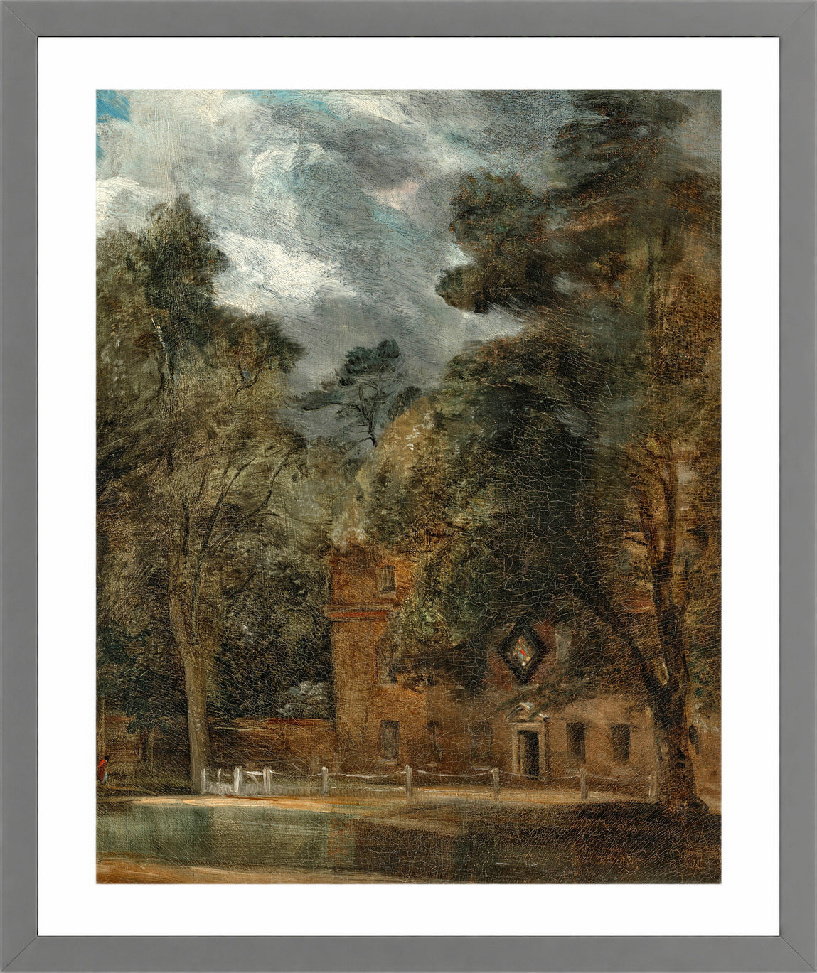 John Constable Print, West Lodge, East Bergholt, with a hatchment in a light grey frame