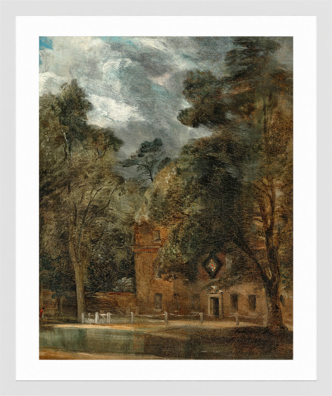 John Constable Print, West Lodge, East Bergholt, with a hatchment in a white frame
