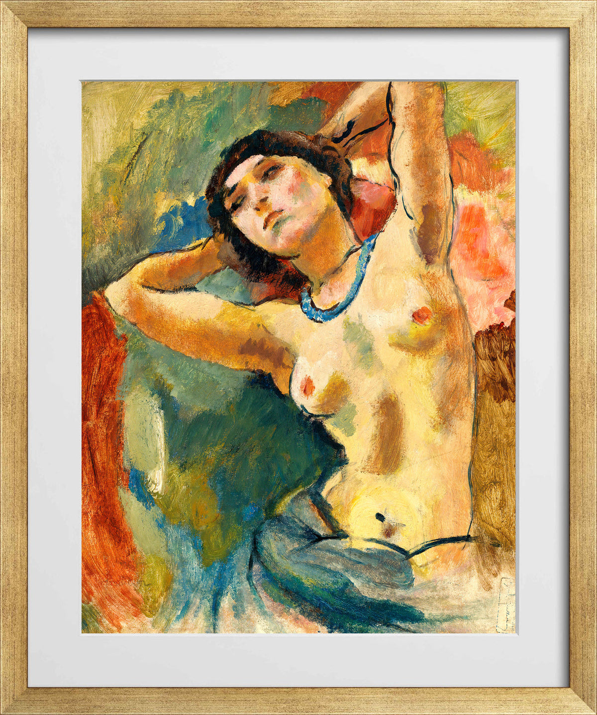 Jules Pascin Print, Brune Au Collier Bleu (1922) in a gold frame