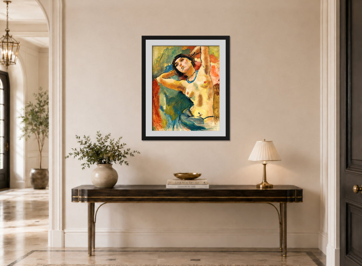 Jules Pascin Print, Brune Au Collier Bleu (1922) displayed above a console table