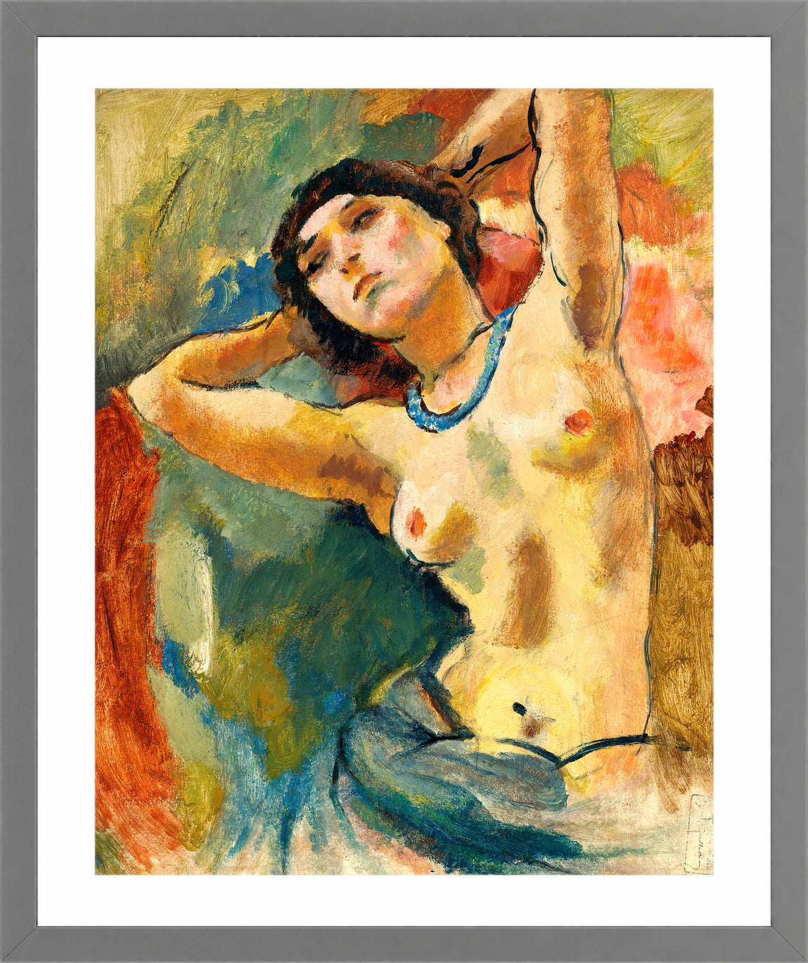 Jules Pascin Print, Brune Au Collier Bleu (1922) in a light grey frame