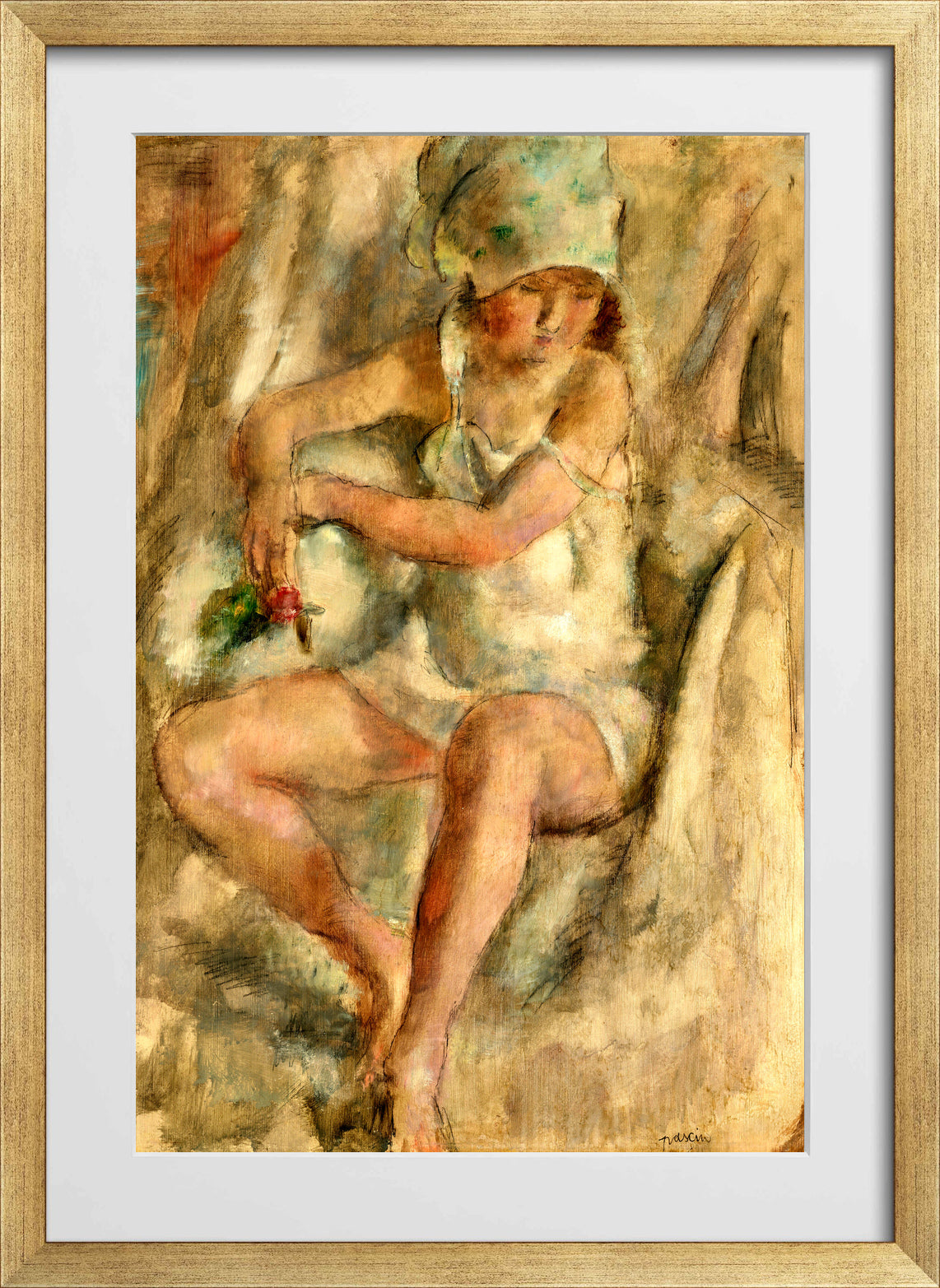 Jules Pascin Print, Femme au turban avec rose (1926) in a gold frame