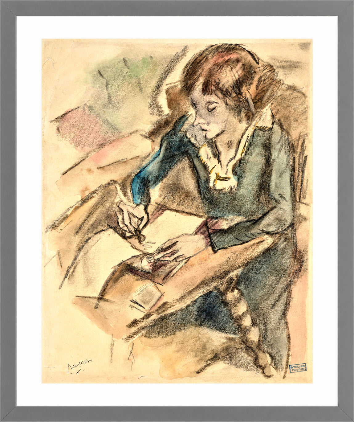 Jules Pascin Print, Femme écrivant (1918) in a light grey frame