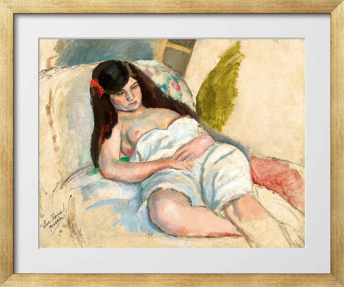 Jules Pascin Print, Femme Étendue in a gold frame