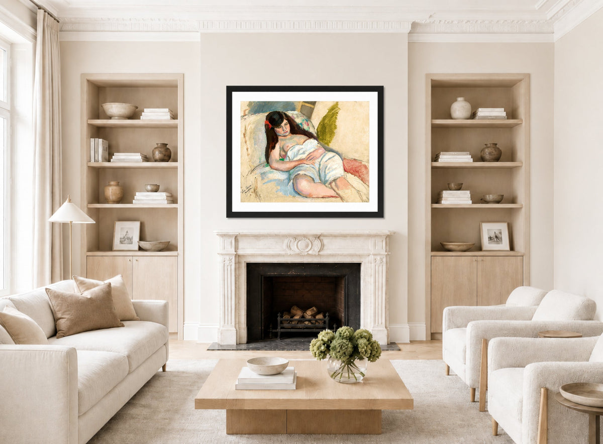 Jules Pascin Print, Femme Étendue displayed in a Scandinavian living room