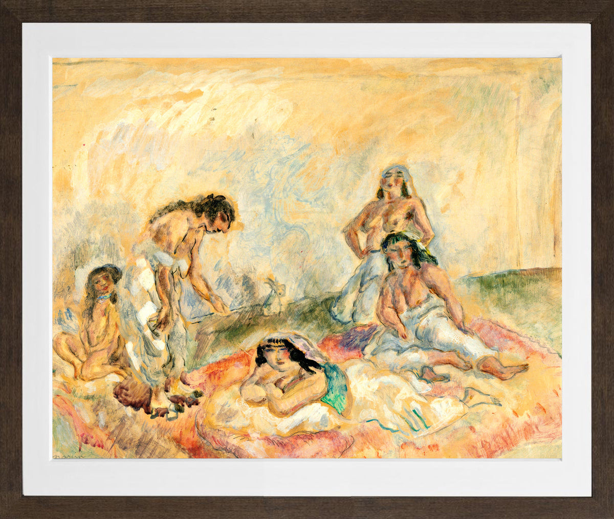 Jules Pascin Print, Femmes au salon (1908) in a brown frame