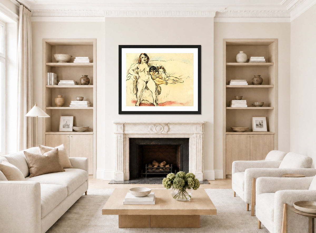 Jules Pascin Print, Femmes Et Enfants (1922) displayed in a Scandinavian living room
