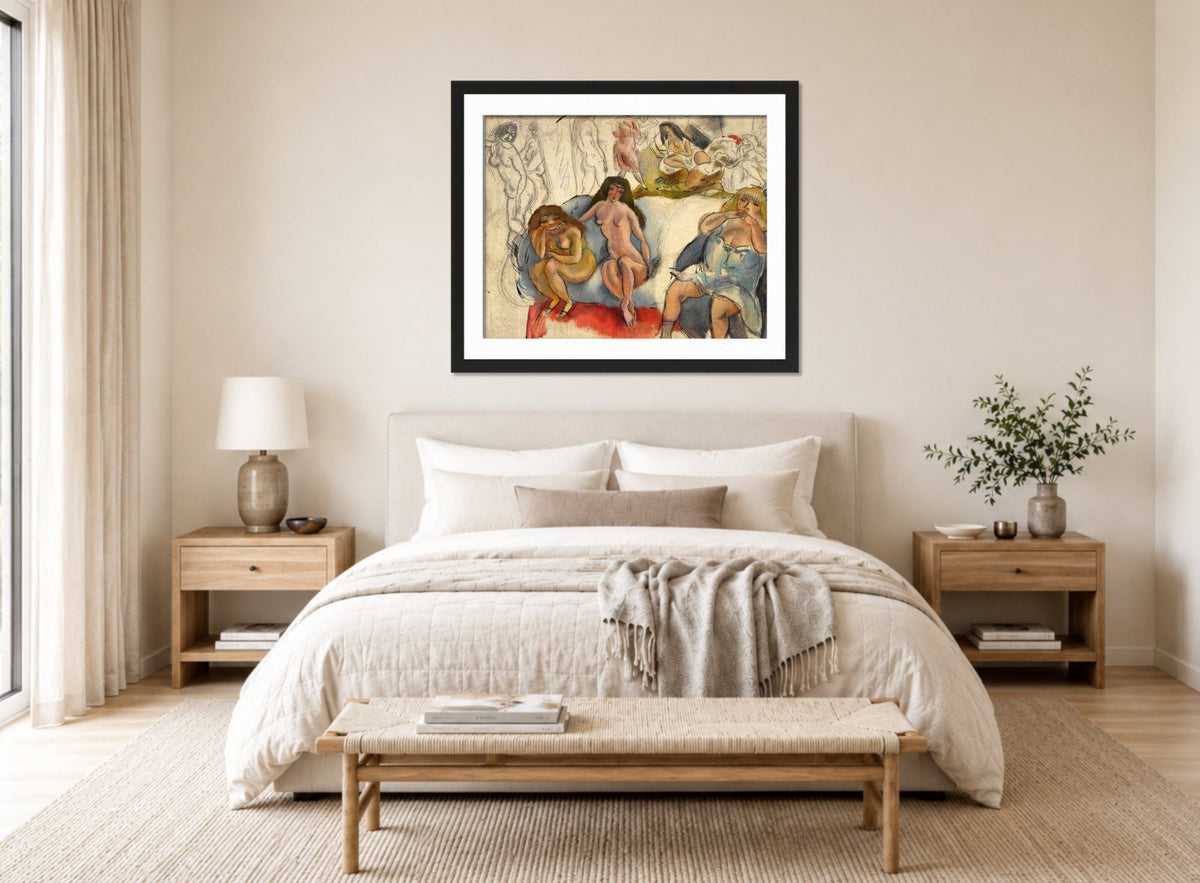 Jules Pascin Print, Femmes Galantes (circa 1911) displayed above a bed