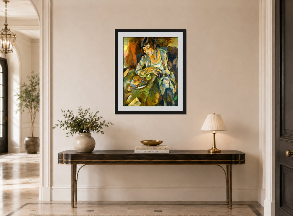 Jules Pascin Print, Hermine Aux Fruits (1919) displayed above a console table