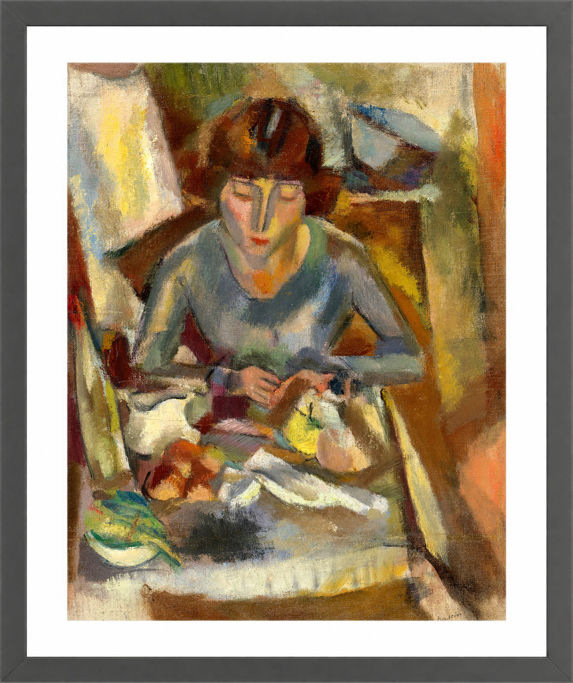 Jules Pascin Print, Hermine David Devant La Table (1918) in a dark grey frame