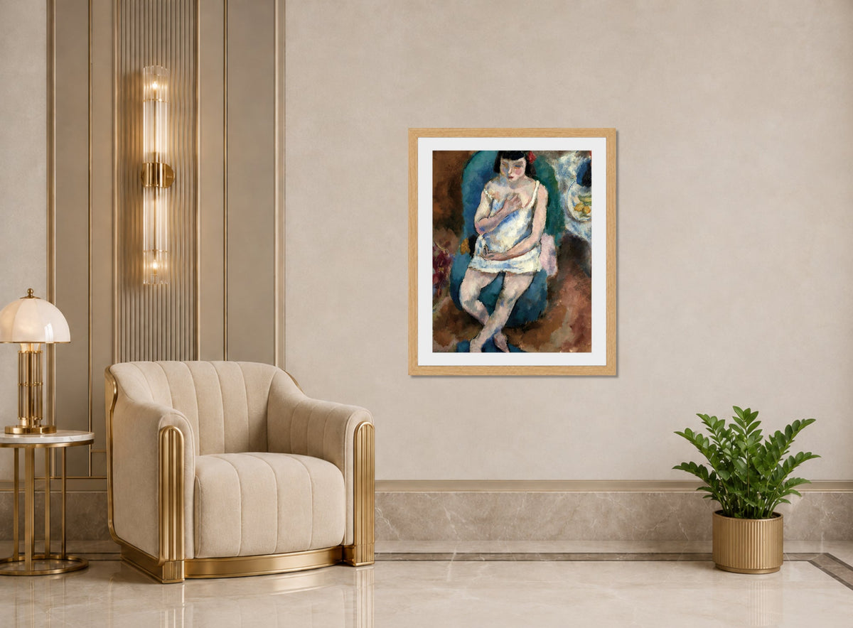 Jules Pascin Print, Jeune fille en chemise (1925) displayed in an Art Deco interior