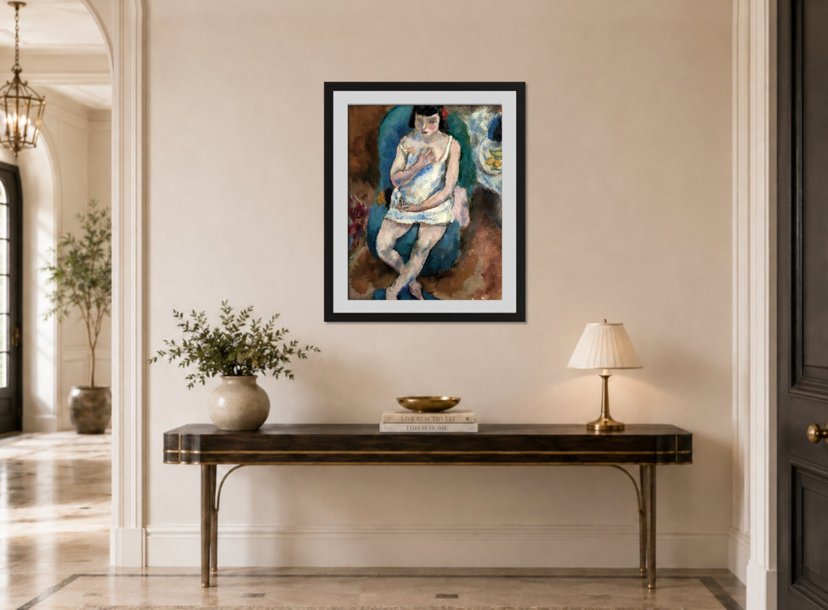 Jules Pascin Print, Jeune fille en chemise (1925) displayed above a console table