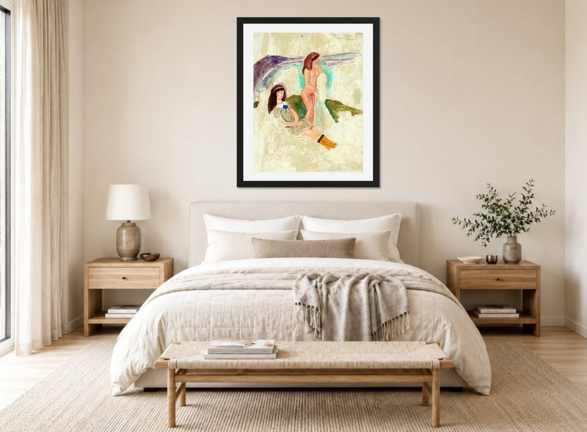 Jules Pascin Print, Jeunes filles à Ostende (1907) displayed above a bed