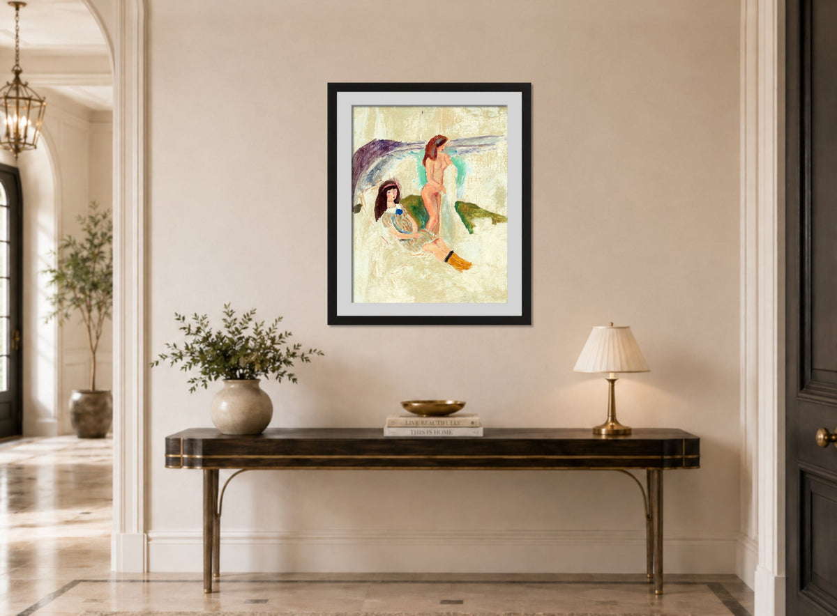 Jules Pascin Print, Jeunes filles à Ostende (1907) displayed above a console table