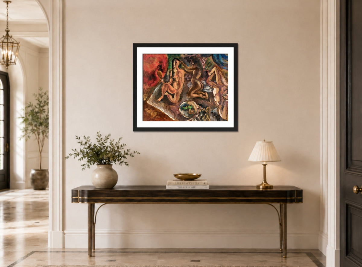 Jules Pascin Print, La toilette aux tropiques (1917) displayed above a console table