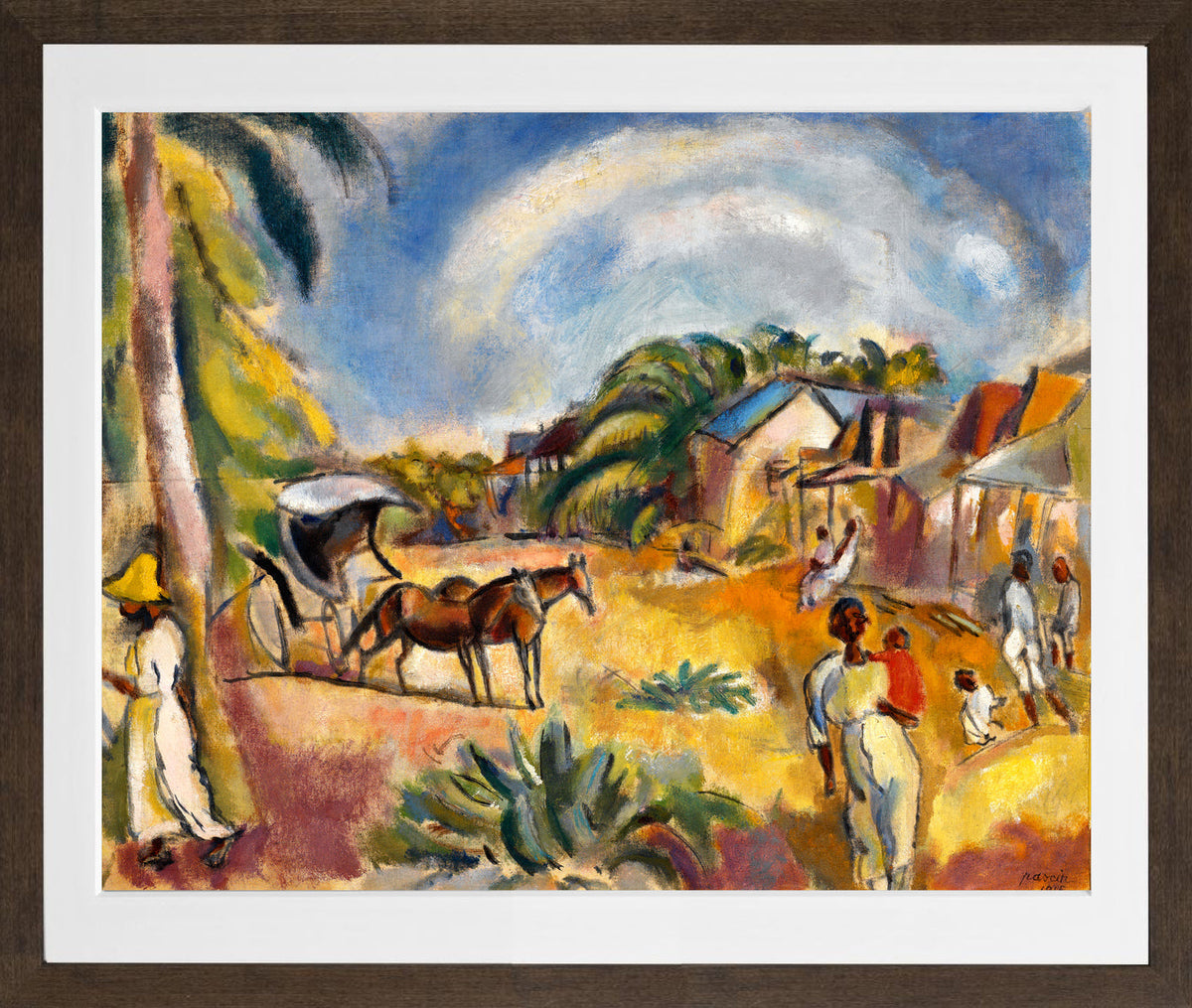 Jules Pascin Print, Landscape with Figures and Carriage (1915) in a brown frame