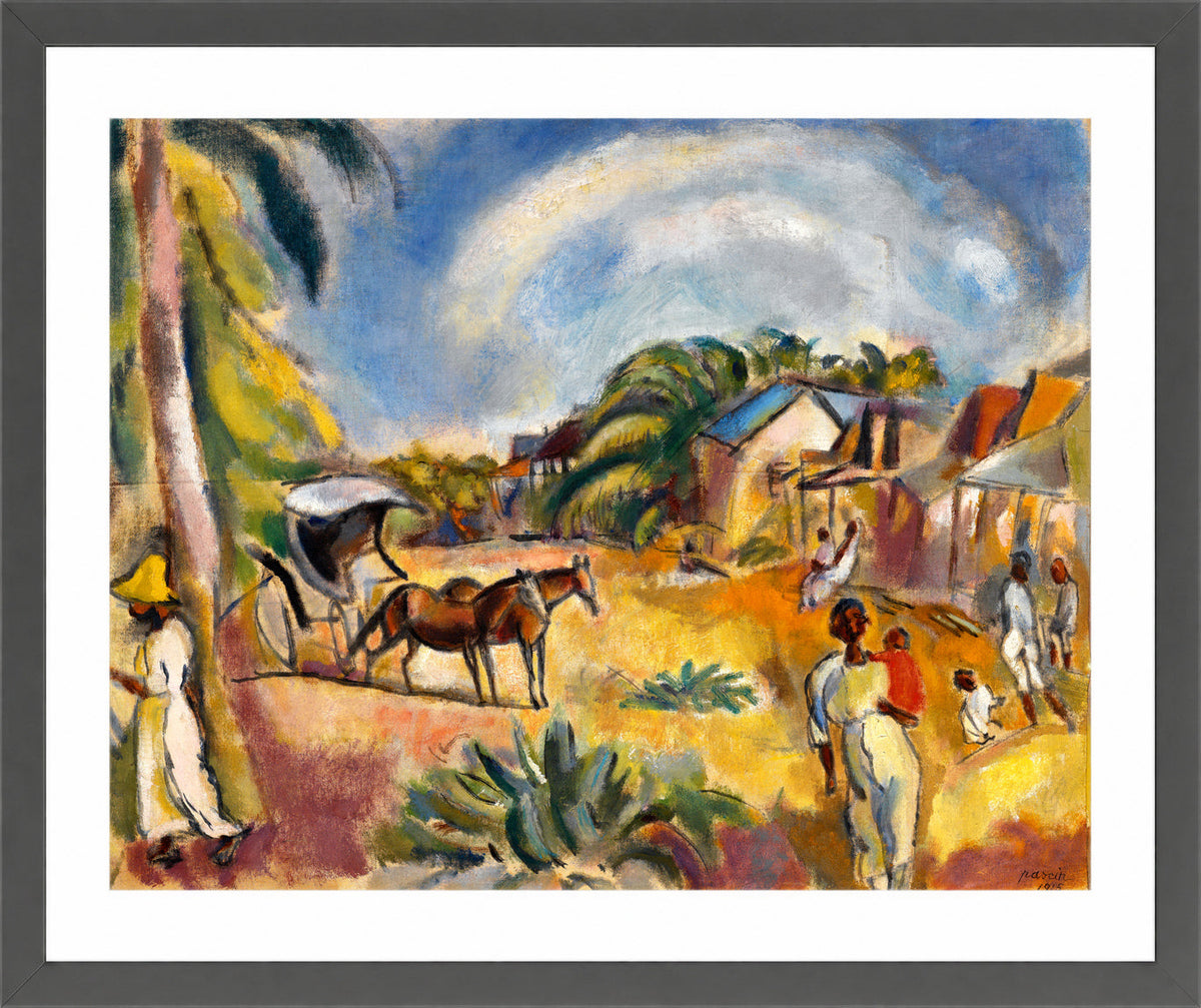 Jules Pascin Print, Landscape with Figures and Carriage (1915) in a dark grey frame