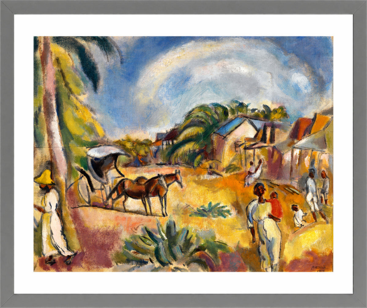 Jules Pascin Print, Landscape with Figures and Carriage (1915) in a light grey frame