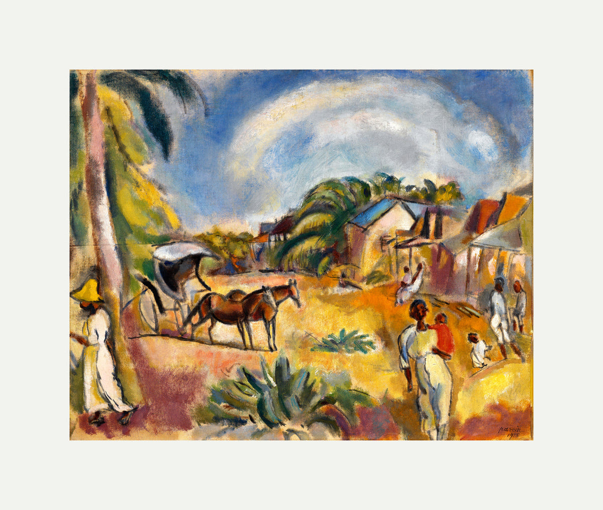 Jules Pascin Print, Landscape with Figures and Carriage (1915) with an off-white border for rolled canvas