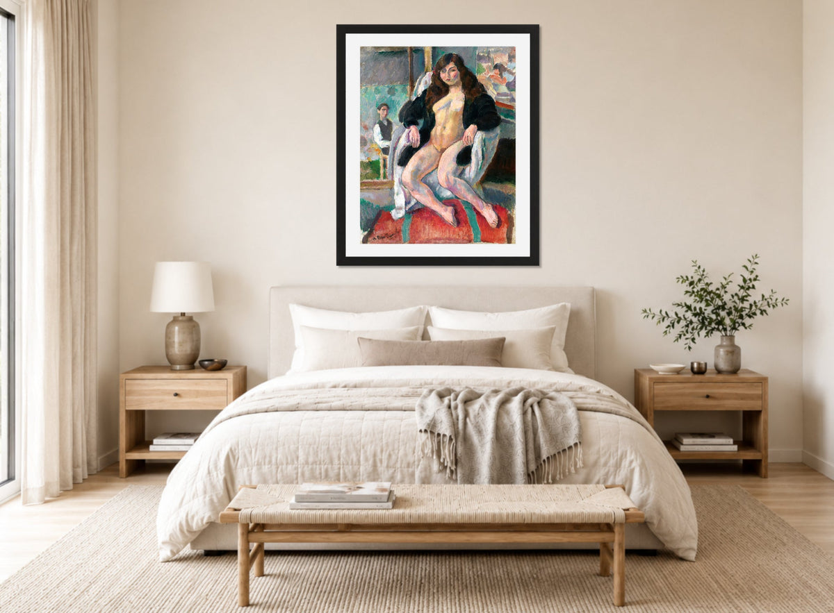 Jules Pascin Print, Le Peintre Et Son Modèle (1910) displayed above a bed