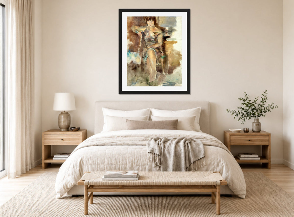 Jules Pascin Print, Lucy à Fontenay-aux-Roses (1928-29) displayed above a bed