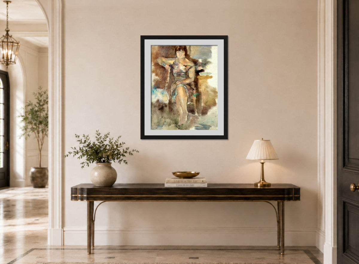 Jules Pascin Print, Lucy à Fontenay-aux-Roses (1928-29) displayed above a console table