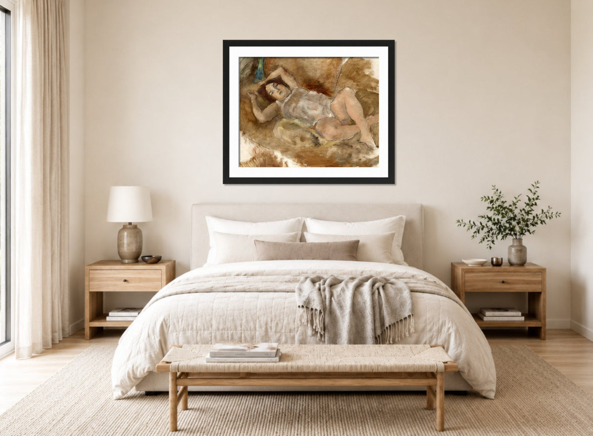 Jules Pascin Print, Nu allongé (1929) displayed above a bed