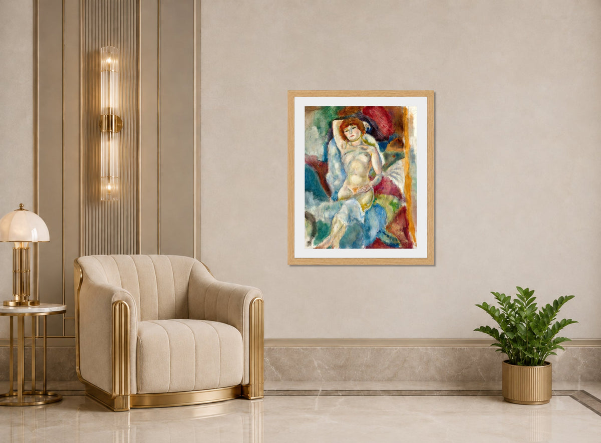 Jules Pascin Print, Nu, Le Bras Levé (1916) displayed in an Art Deco interior