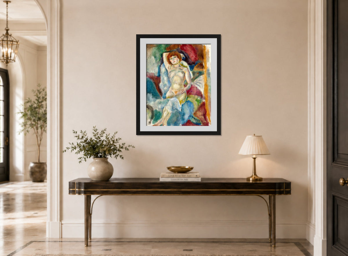 Jules Pascin Print, Nu, Le Bras Levé (1916) displayed above a console table
