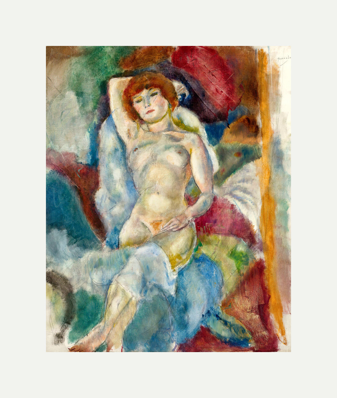 Jules Pascin Print, Nu, Le Bras Levé (1916) with an off-white border for rolled canvas