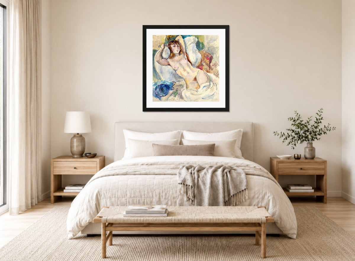 Jules Pascin Print, Nu sur un divan (1920) displayed above a bed