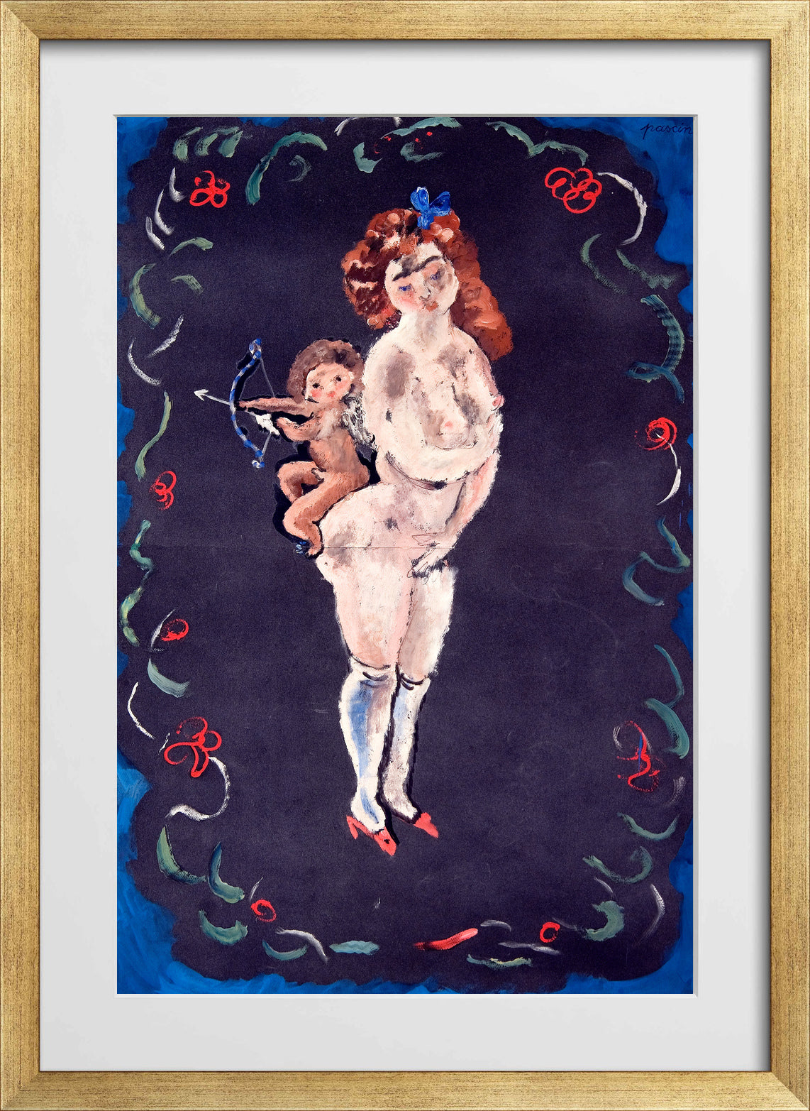 Jules Pascin Print, Nude and Cupid in a gold frame