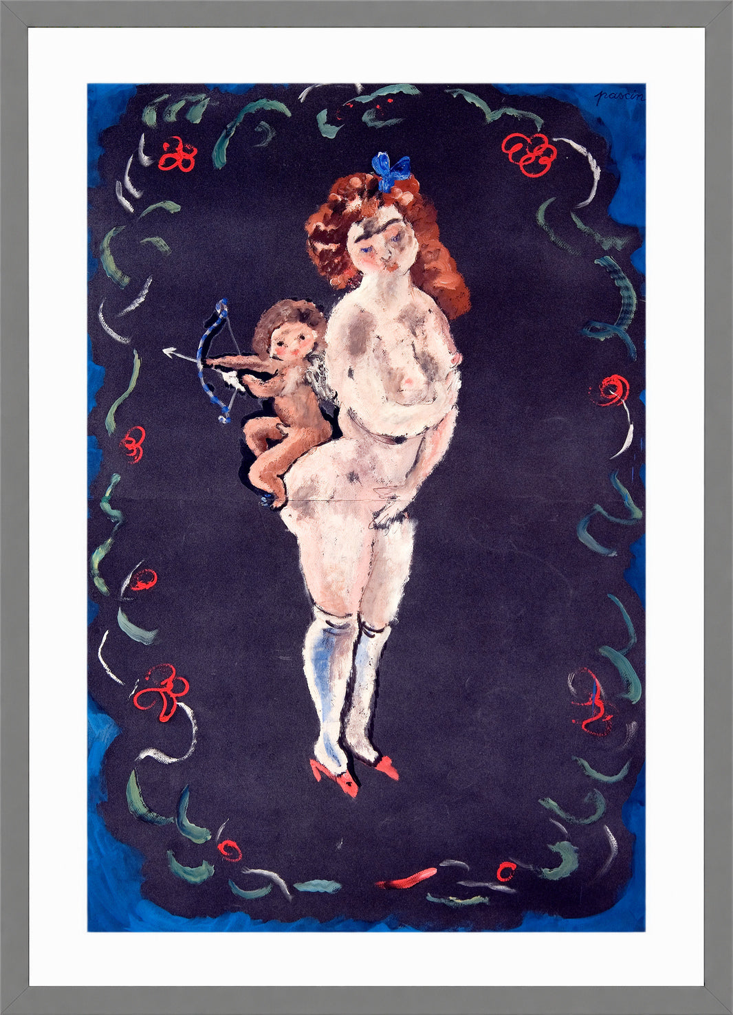 Jules Pascin Print, Nude and Cupid in a light grey frame