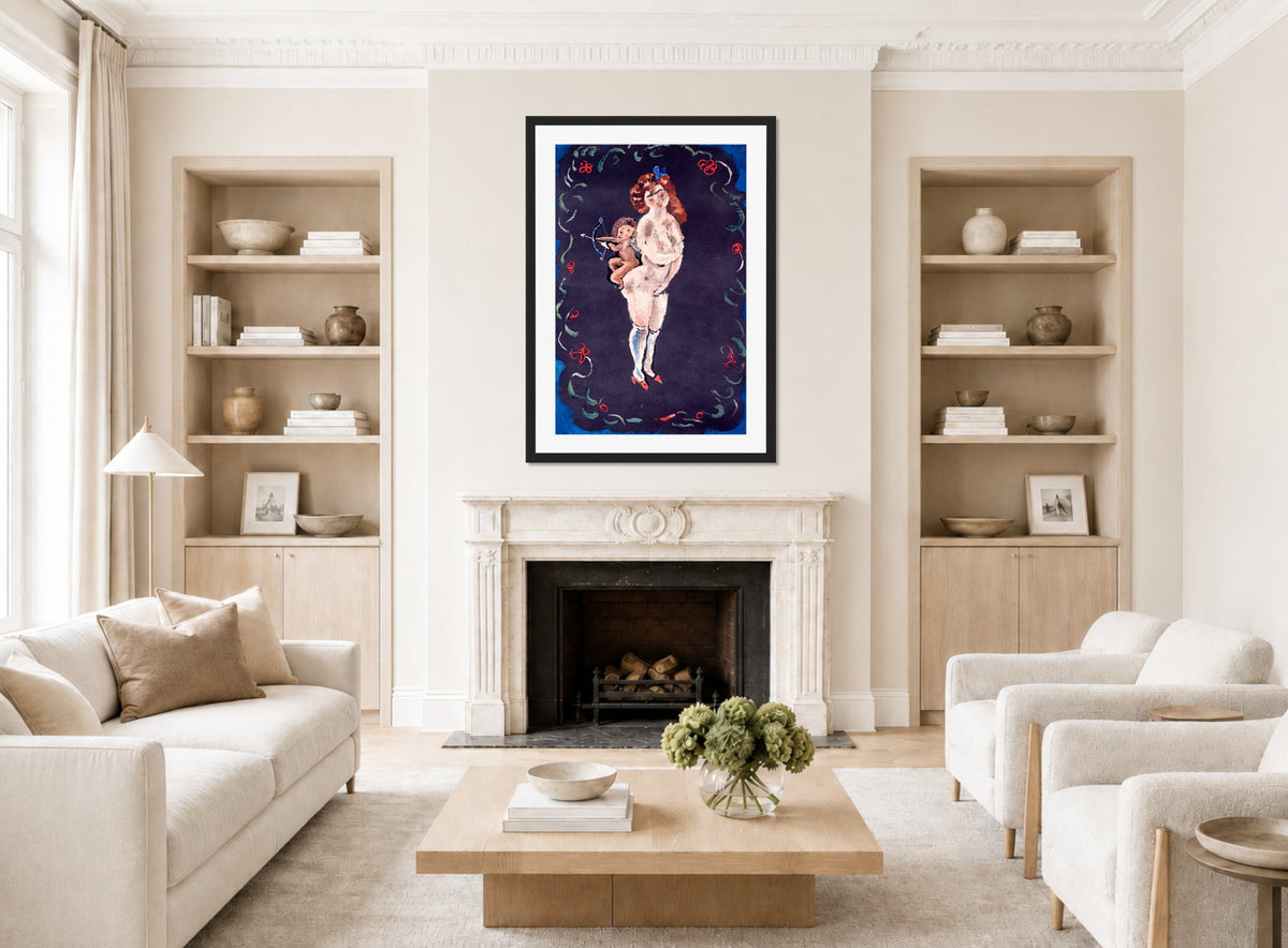 Jules Pascin Print, Nude and Cupid displayed in a Scandinavian living room