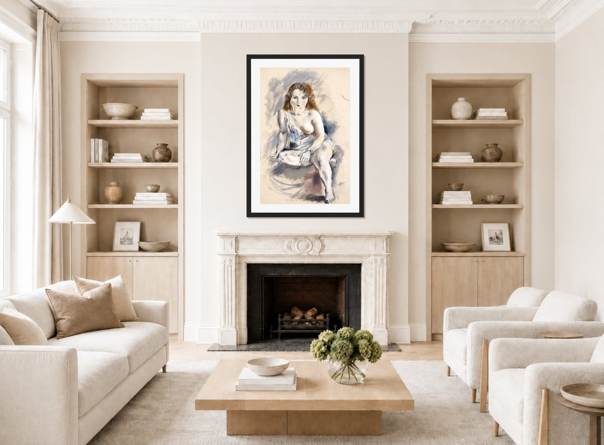 Jules Pascin Print, Nude displayed in a Scandinavian living room