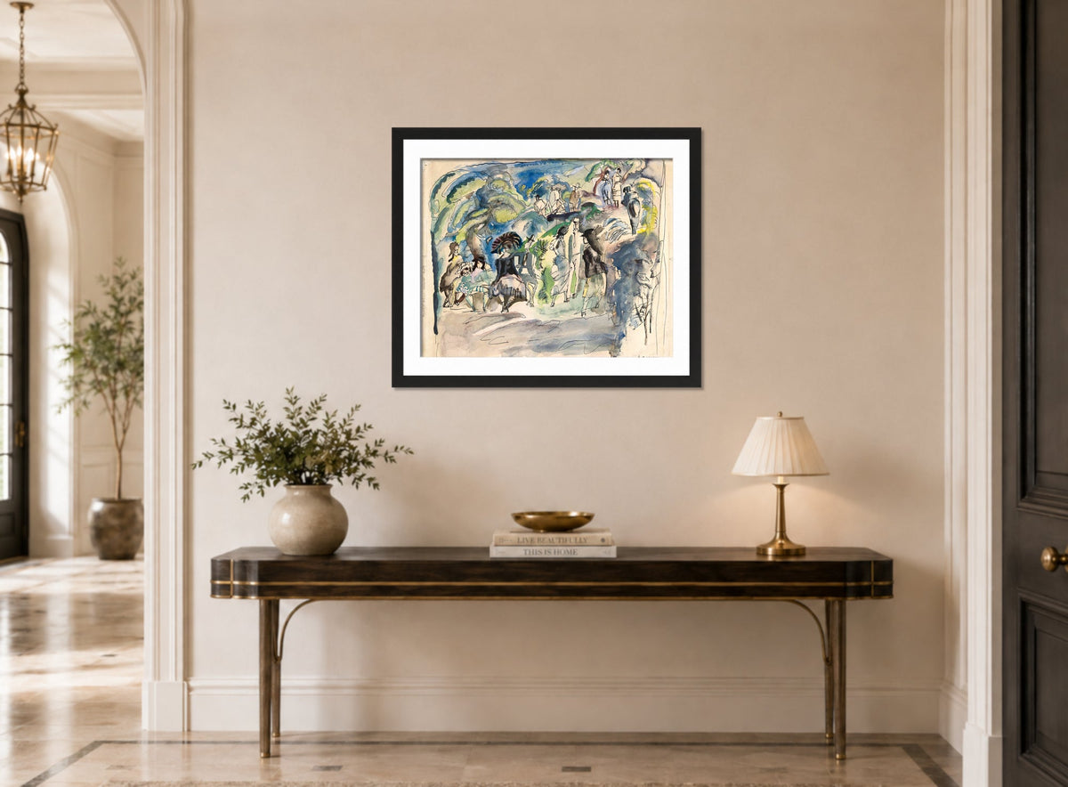 Jules Pascin Print, Parc à la Havanne (1917) displayed above a console table