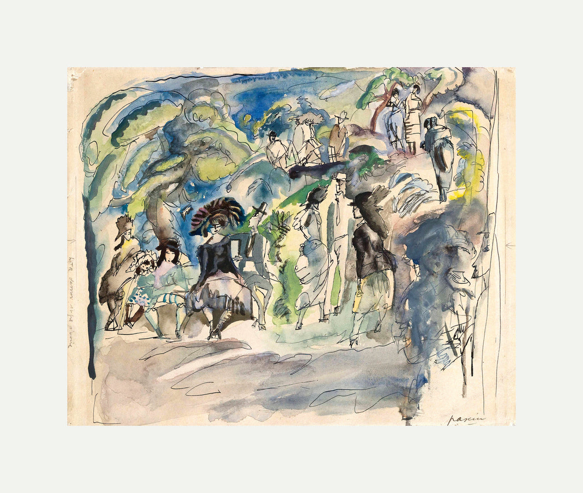 Jules Pascin Print, Parc à la Havanne (1917) with an off-white border for rolled canvas