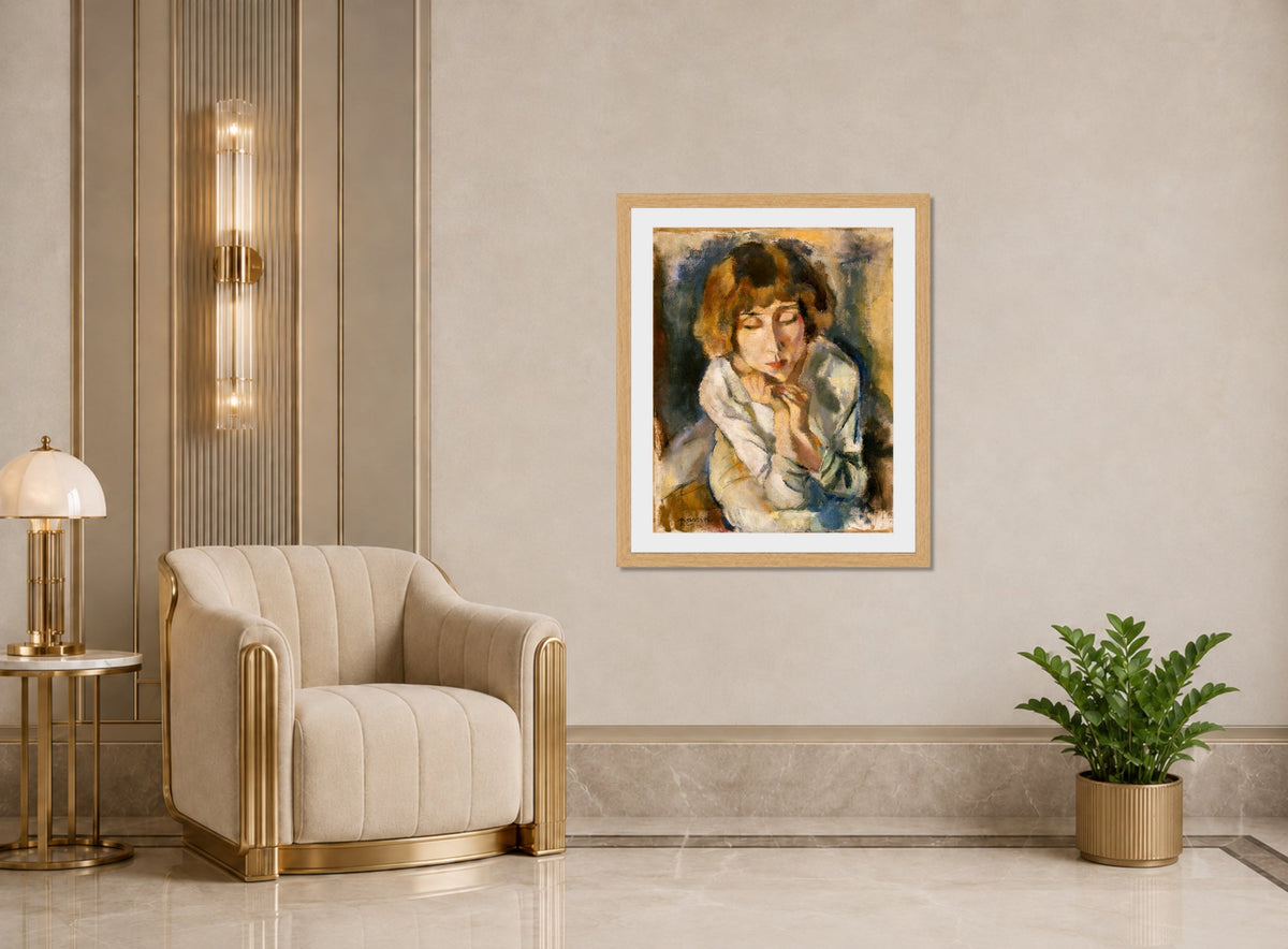 Jules Pascin Print, Portrait of Hermine David (circa 1914-1919) displayed in an Art Deco interior