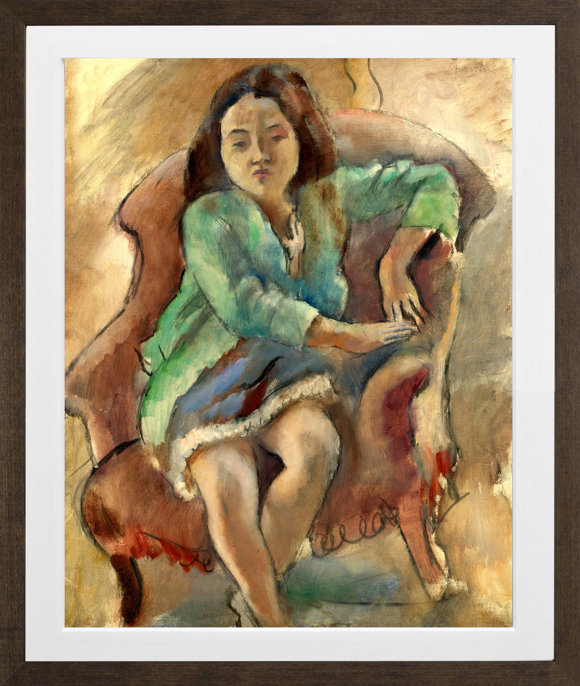 Jules Pascin Print, Simone D’alal (Jeune Fille Dans Une Bergère) (1924) in a brown frame