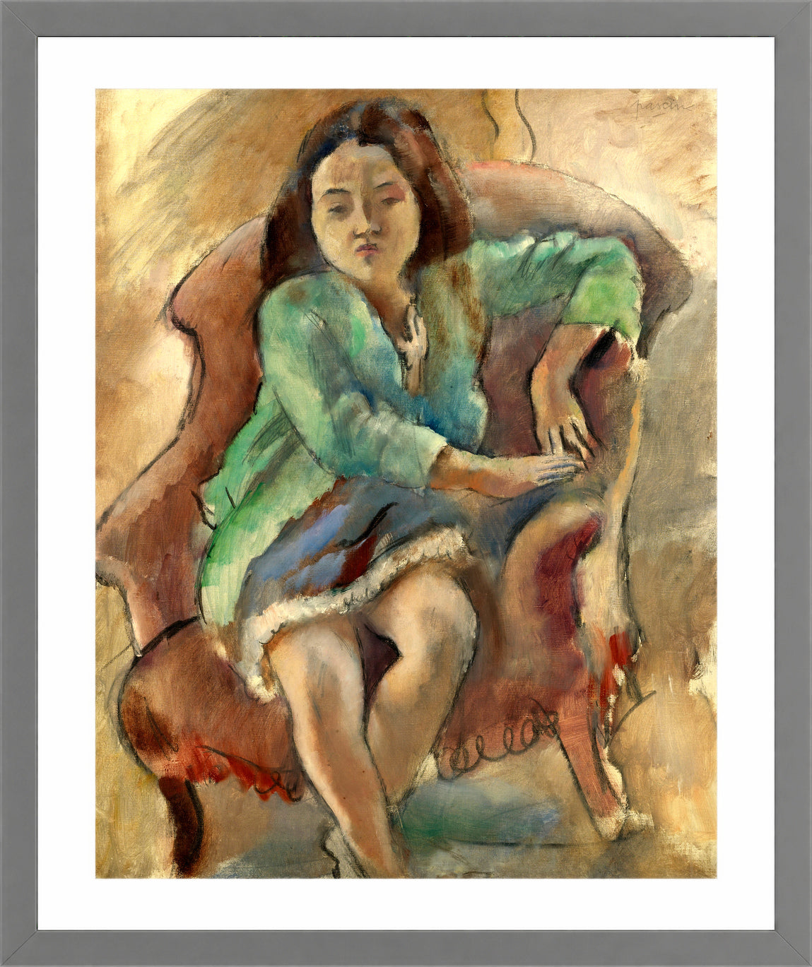 Jules Pascin Print, Simone D’alal (Jeune Fille Dans Une Bergère) (1924) in a light grey frame